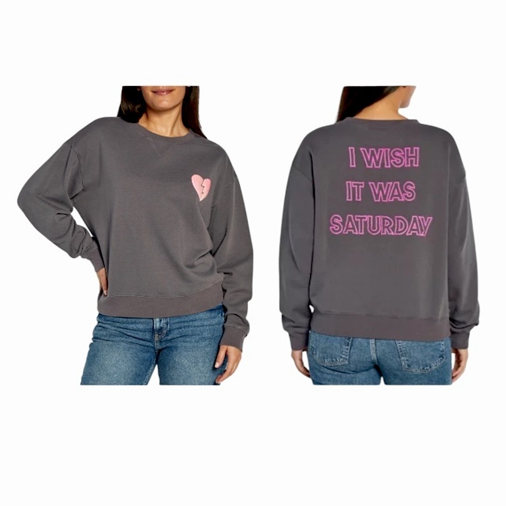 Wildfox Gray Sweatshirt Pink Heart Front Design I Wish it was Saturday Back Sm